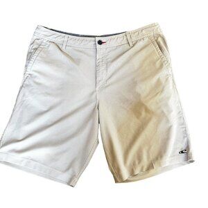 O'Neill Hybrid Men's Beige White Thin Stripe Board Shorts Sz 38 Zippered Pockets